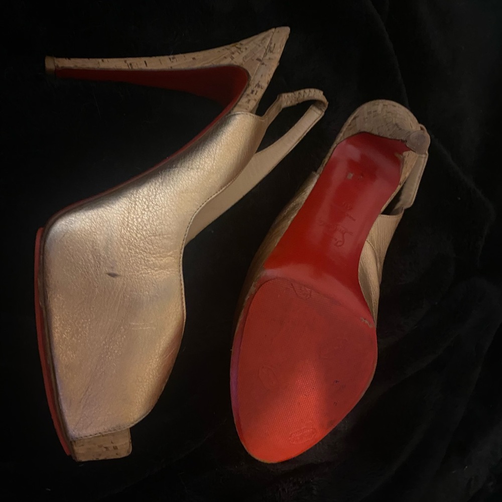 Christian Louboutin cork heel gold shoes